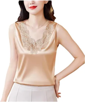 Women's Spring Summer Satin Embroidered Patchwork Tank Tops Sleeveless Camisole