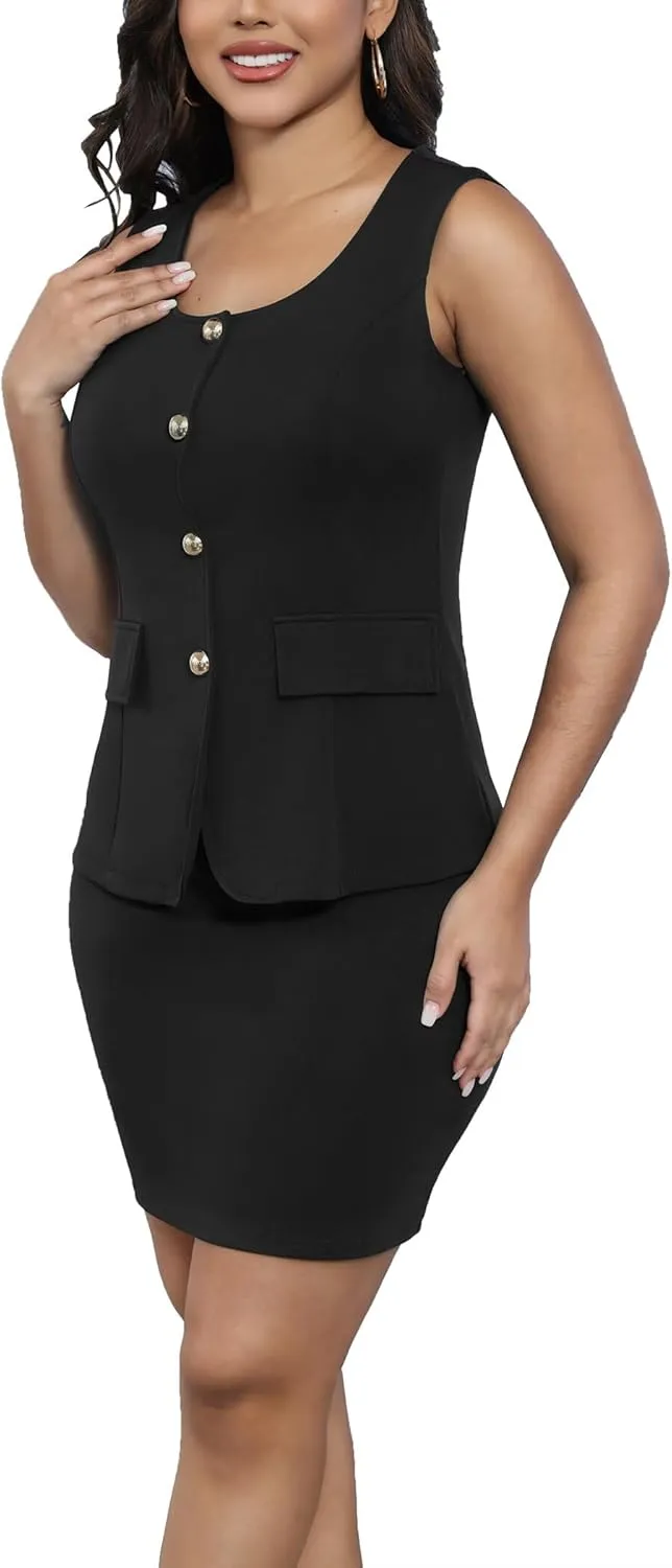 Womens Summer 2 Piece Outfits Summer Sleevevless Scoop Neck Blazer Vest Mini Skirt Dress Sets Matching Work Sets