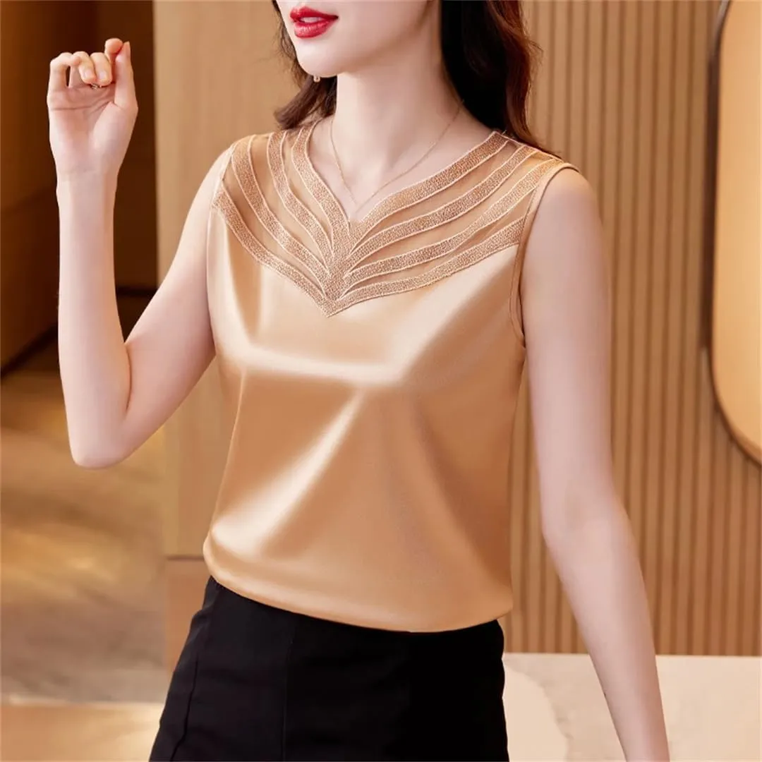 Women's Summer Satin Patchwork Lace Camisole V-Neck Sleeveless Tank Tops