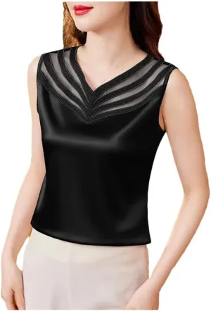 Women's Summer Satin Patchwork Lace Camisole V-Neck Sleeveless Tank Tops