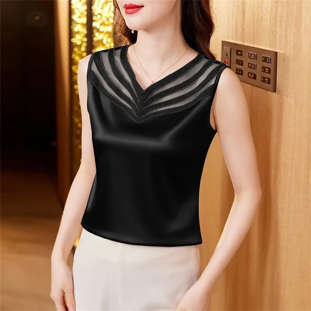 Women's Summer Satin Patchwork Lace Camisole V-Neck Sleeveless Tank Tops