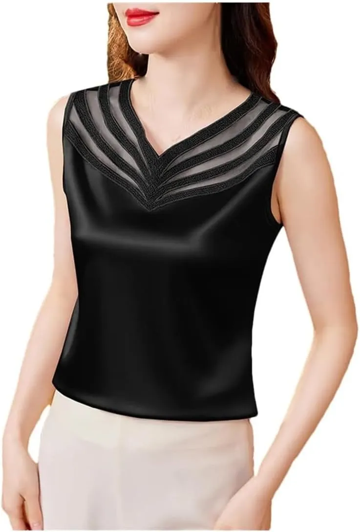 Women's Summer Satin Patchwork Lace Camisole V-Neck Sleeveless Tank Tops