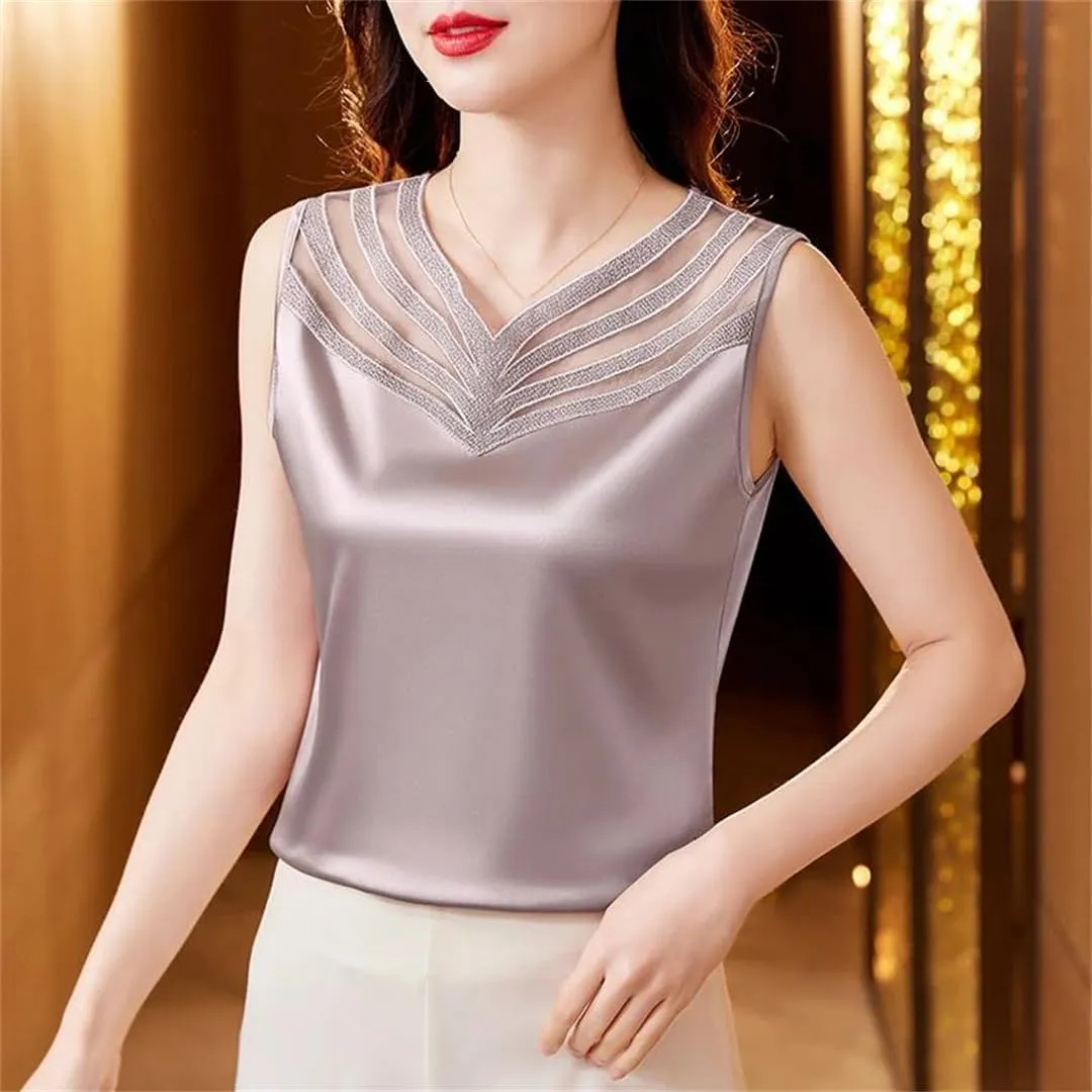 Women's Summer Satin Patchwork Lace Camisole V-Neck Sleeveless Tank Tops