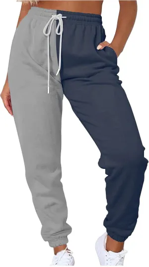 Women's Sweatpants Color Block Patchwork Trouser Elastic High Waist Joggers Baggy Pants with Multi-Pockets