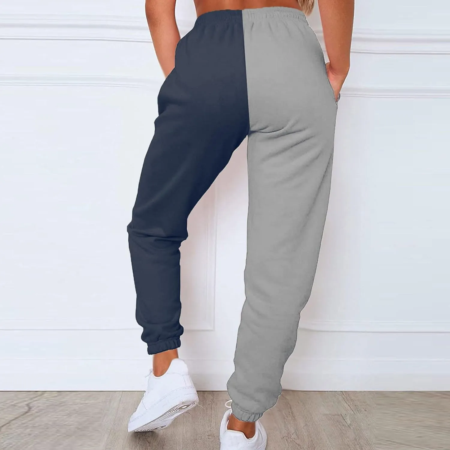 Women's Sweatpants Color Block Patchwork Trouser Elastic High Waist Joggers Baggy Pants with Multi-Pockets