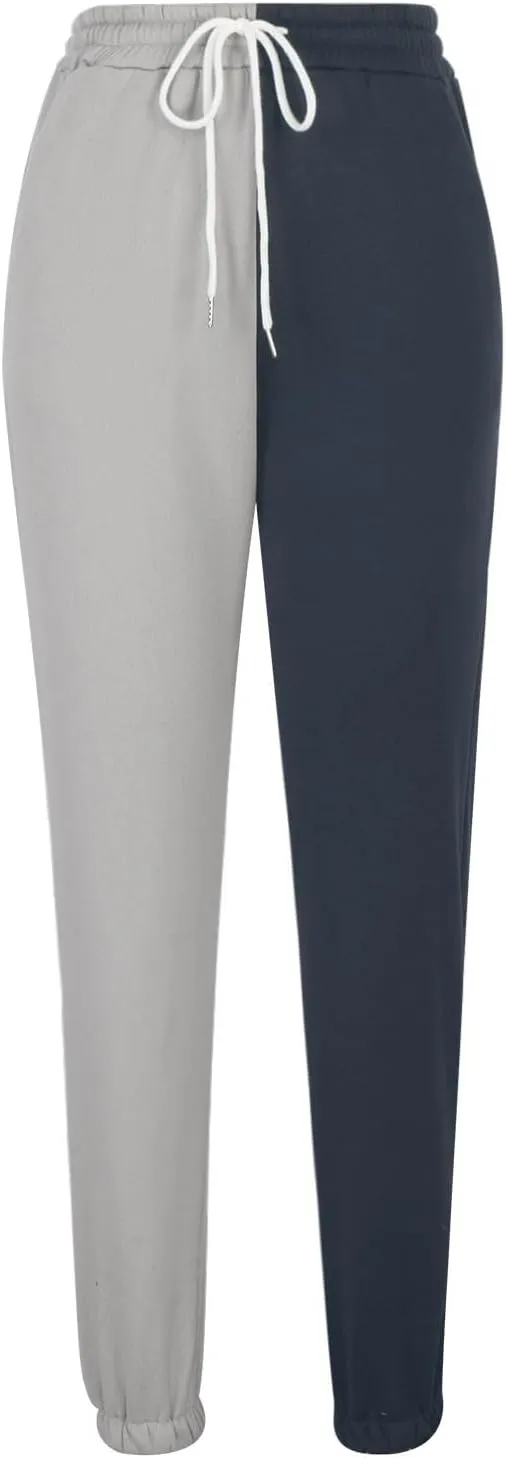 Women's Sweatpants Color Block Patchwork Trouser Elastic High Waist Joggers Baggy Pants with Multi-Pockets