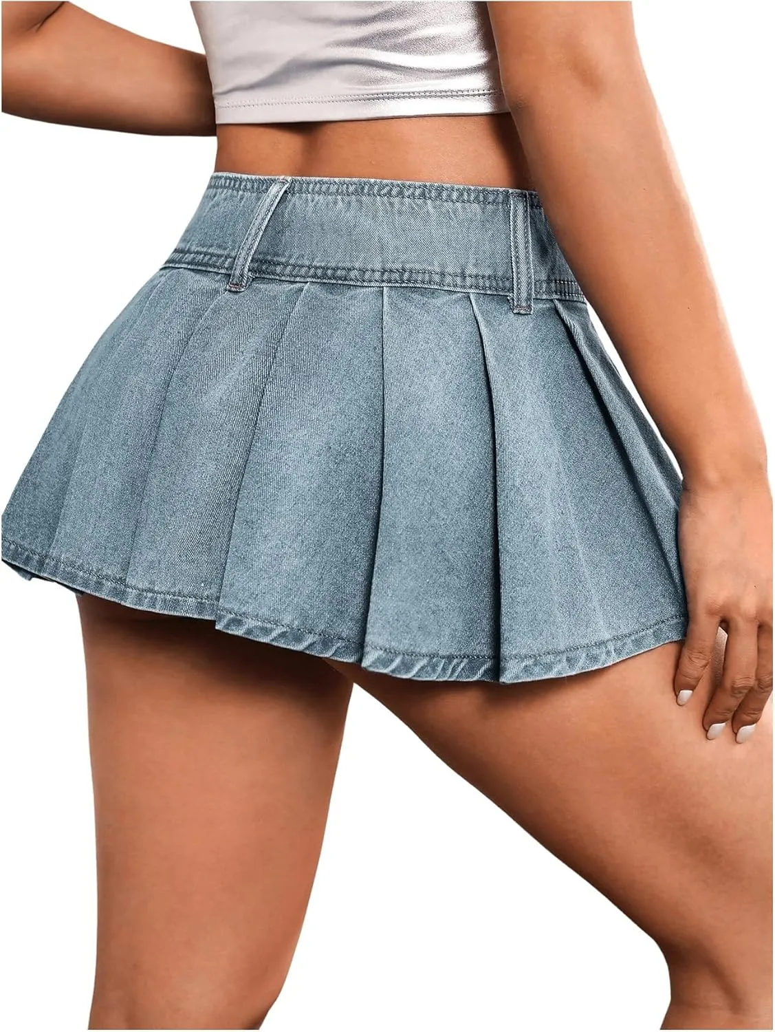 Women's Y2K Low Waist Ruffle Pleated Skirt Loose Fit Party Mini Denim Skirt Jean Skirt