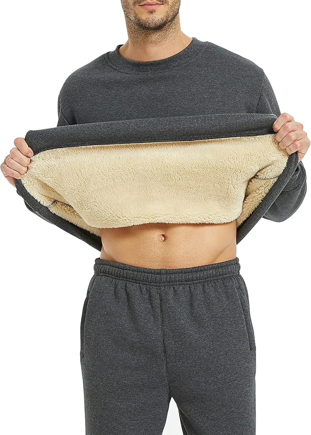 Yeokou Mens Fashion Warm Fleece Crewneck Sweatshirt Thick Sherpa Lined Pullover Tops