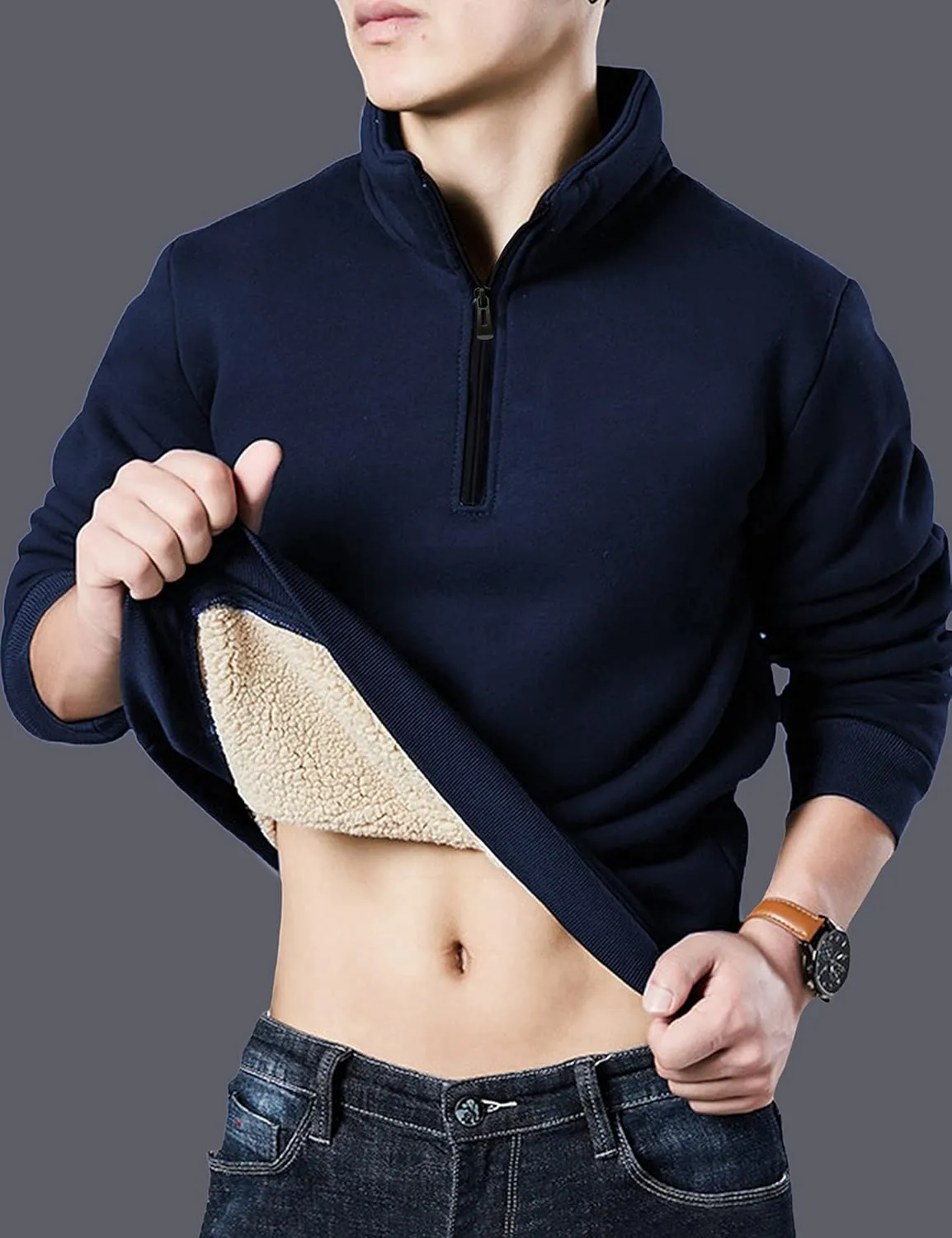 Yeokou Mens Fashion Warm Fleece Crewneck Sweatshirt Thick Sherpa Lined Pullover Tops