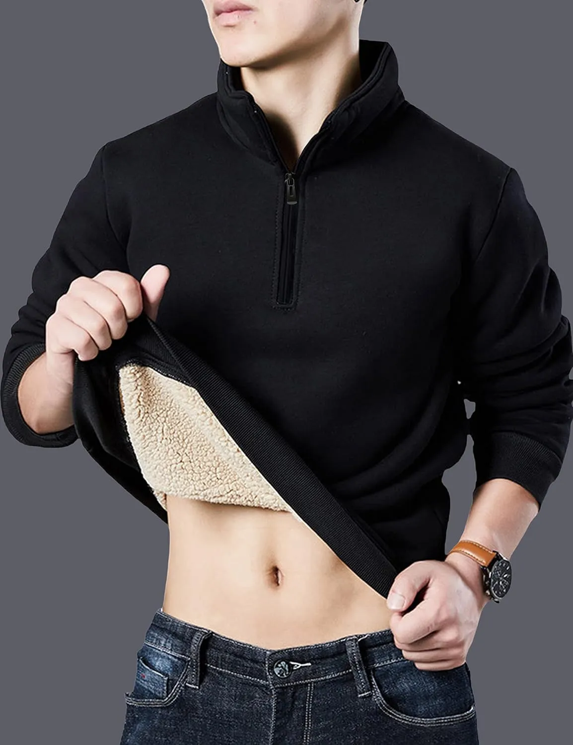 Yeokou Mens Fashion Warm Fleece Crewneck Sweatshirt Thick Sherpa Lined Pullover Tops