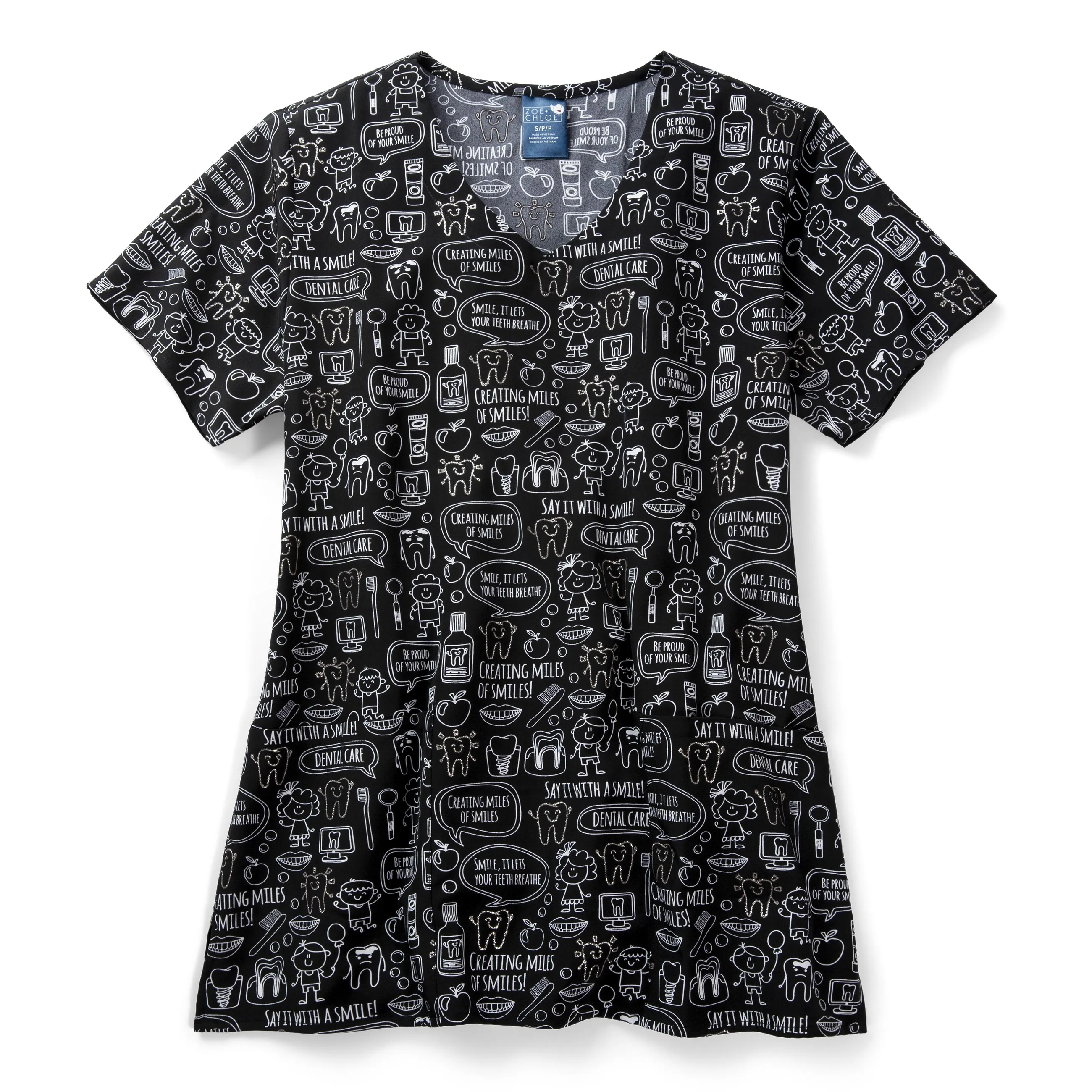 Zoe Chloe Performance V-Neck Print Scrub Top - Miles of Smiles