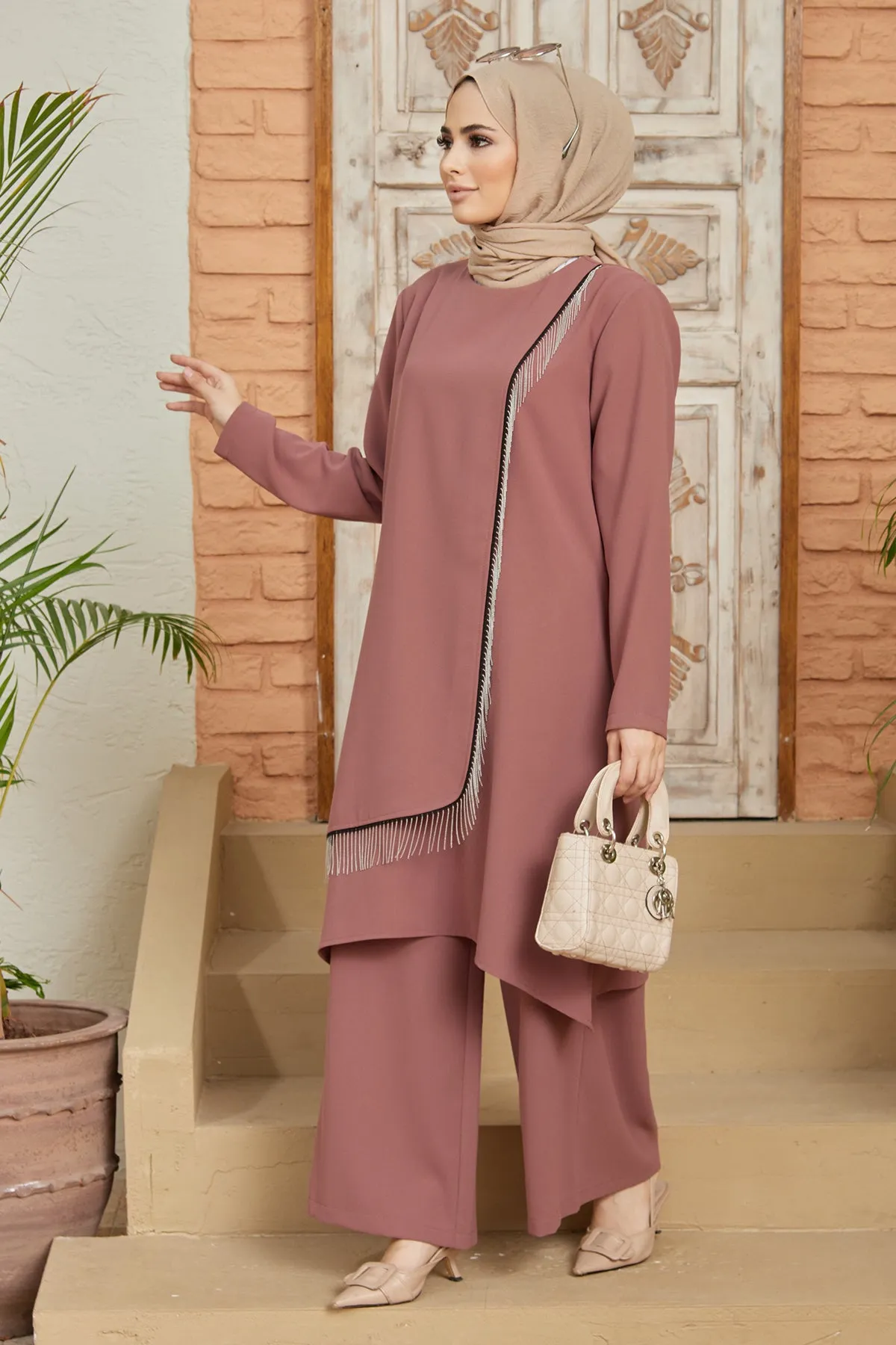 ZRF Women Chain Detailed Tunic Pants Set - Rose Pink - Borgerhout