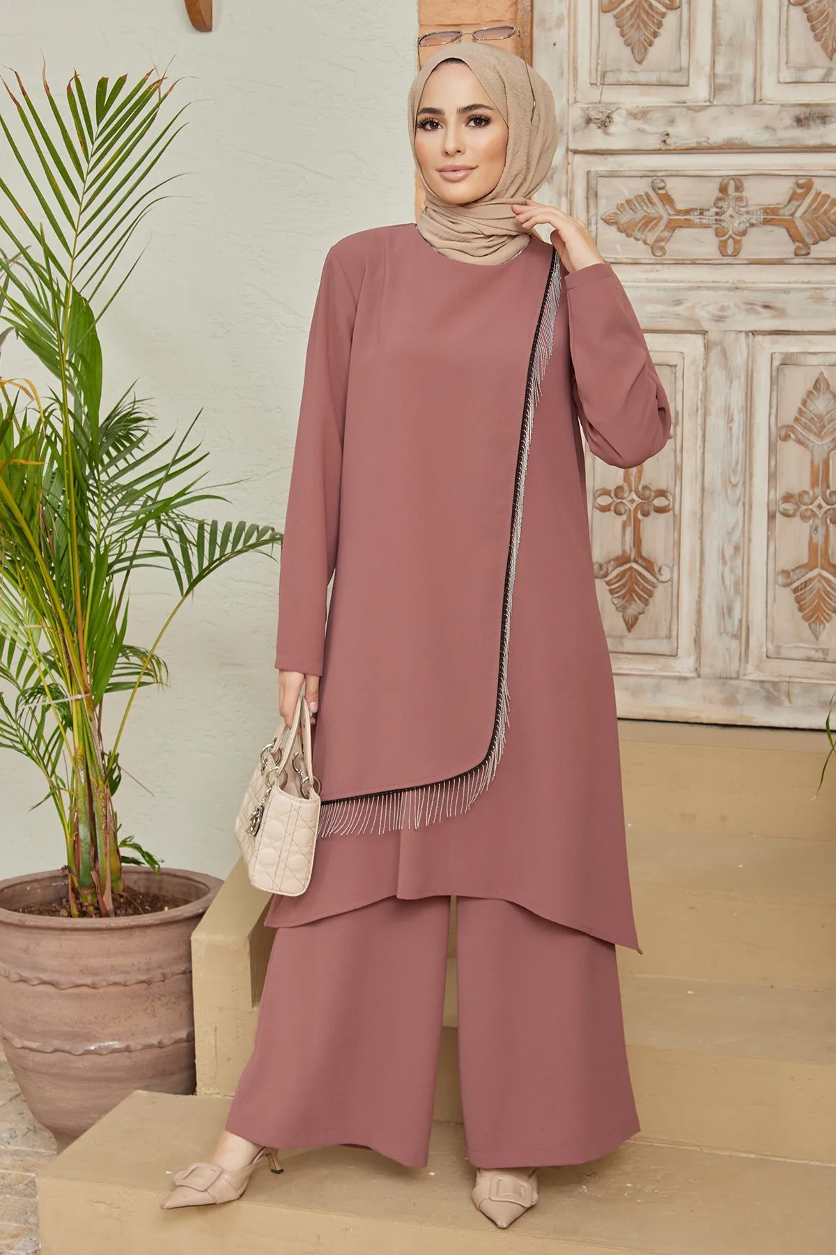 ZRF Women Chain Detailed Tunic Pants Set - Rose Pink - Borgerhout